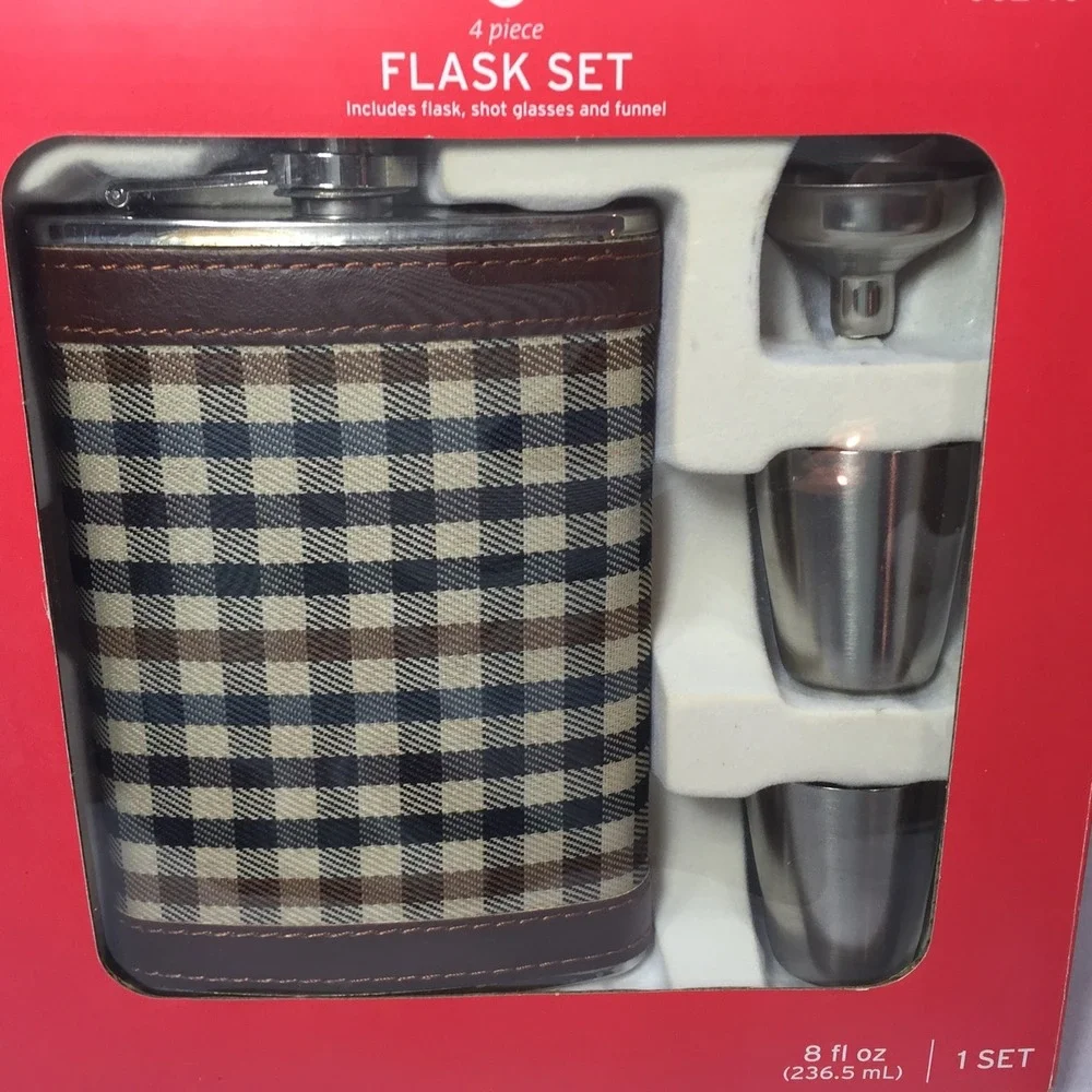 4 Piece Plaid Hip Flask Set 8oz Stainless Steel with Shot Glasses and Funnel